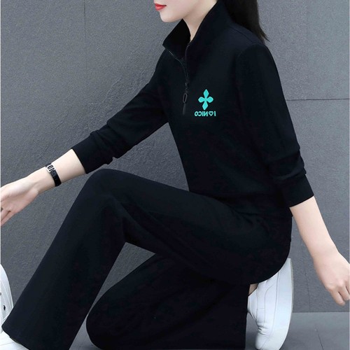 Casual Sportswear Cotton Two Piece Women Tracksuit - Black image