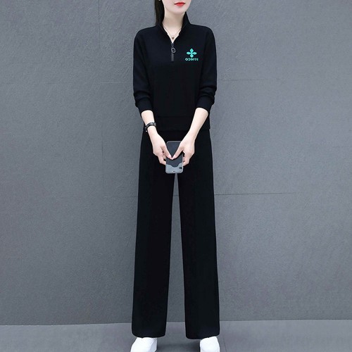 Casual Sportswear Cotton Two Piece Women Tracksuit - Black image