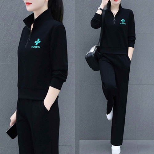 Casual Sportswear Cotton Two Piece Women Tracksuit - Black image