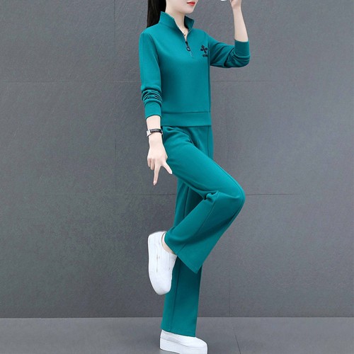 Casual Sportswear Cotton Two Piece Women Tracksuit - Green image