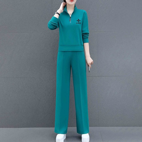 Casual Sportswear Cotton Two Piece Women Tracksuit - Green image