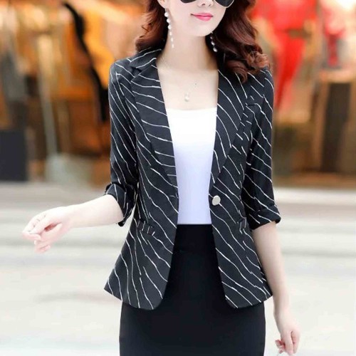 Lines Printed One Button Formal Style Women Coat - Black image