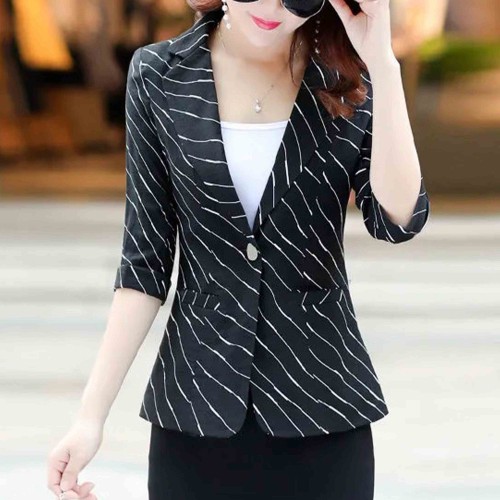 Lines Printed One Button Formal Style Women Coat - Black image