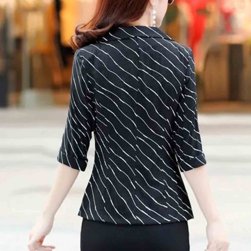 Lines Printed One Button Formal Style Women Coat - Black image
