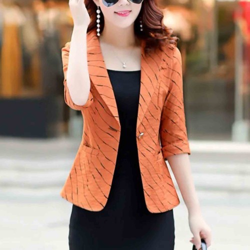 Lines Printed One Button Formal Style Women Coat - Orange image