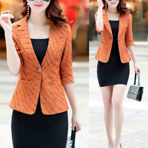 Lines Printed One Button Formal Style Women Coat - Orange image
