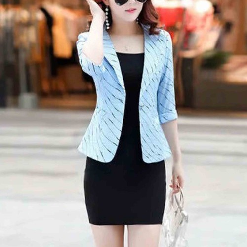 Lines Printed One Button Formal Style Women Coat - Light Blue image