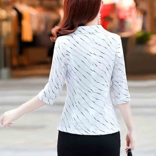 Lines Printed One Button Formal Style Women Coat - White image