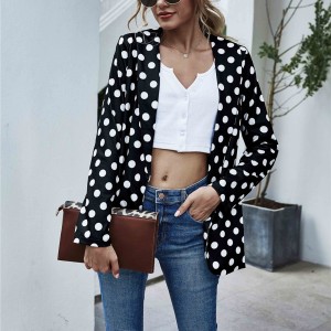 Loose Type Polyester Fabric Casual Polka-Dot Women Jacket - Black