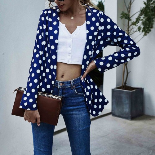 Loose Type Polyester Fabric Casual Polka-Dot Women Jacket - Blue image
