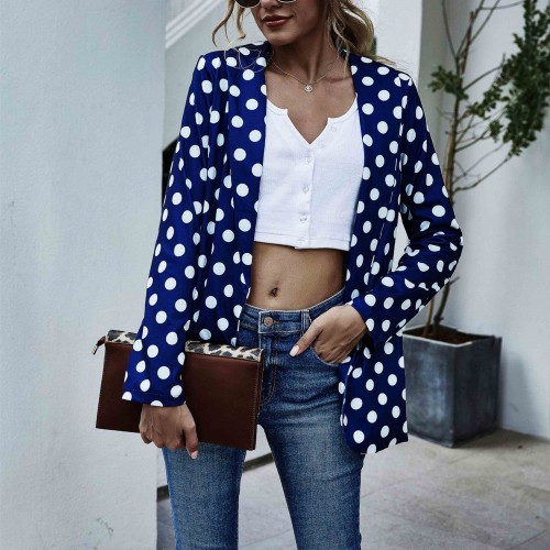 Loose Type Polyester Fabric Casual Polka-Dot Women Jacket - Blue image
