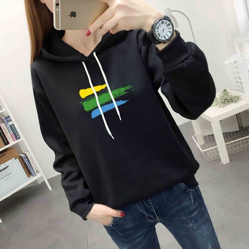 Leisure Style Printed Long Sleeve Cotton Women Hoodie - Black image