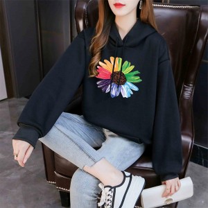 Urban Style Long Sleeve Sunflower Printed Drawstring  Women Hoodie - Black