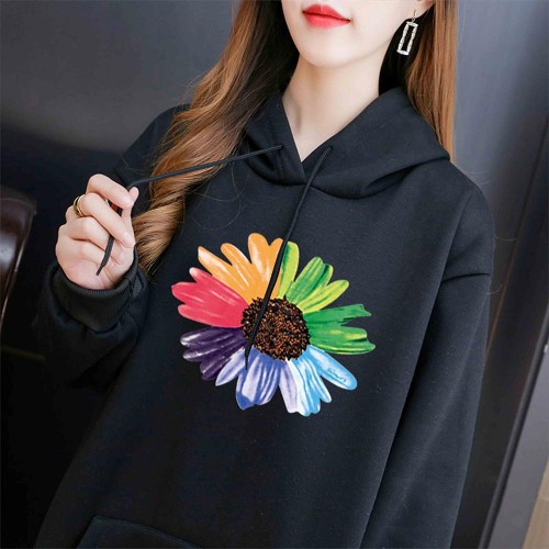 Urban Style Long Sleeve Sunflower Printed Drawstring Women Hoodie - Black image