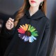 Urban Style Long Sleeve Sunflower Printed Drawstring Women Hoodie - Black image