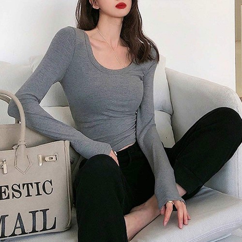 Long Sleeve Slim Fit Scoop Neck Women's Sweater - Grey image