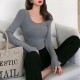 Long Sleeve Slim Fit Scoop Neck Women's Sweater - Grey image