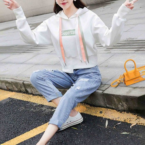 Retro Style Drawstring Letters Printed Long Sleeves Women Hoodie - White image