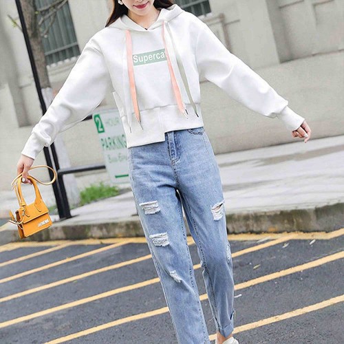 Retro Style Drawstring Letters Printed Long Sleeves Women Hoodie - White image
