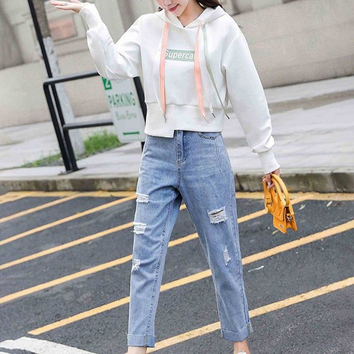 Retro Style Drawstring Letters Printed Long Sleeves Women Hoodie - White image