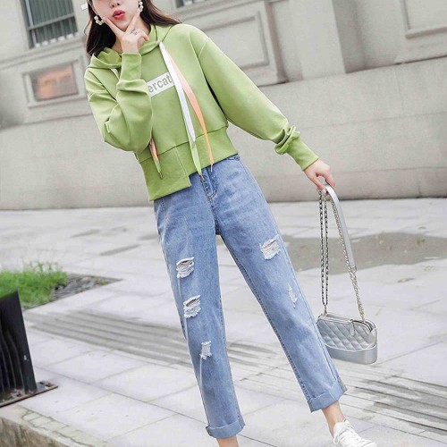 Retro Style Drawstring Letters Printed Long Sleeves Women Hoodie - Green image