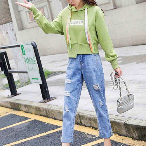 Retro Style Drawstring Letters Printed Long Sleeves Women Hoodie - Green image