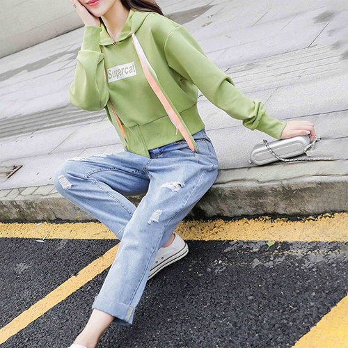 Retro Style Drawstring Letters Printed Long Sleeves Women Hoodie - Green image