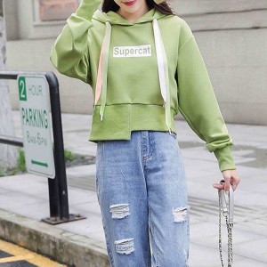 Retro Style Drawstring Letters Printed Long Sleeves Women Hoodie - Green