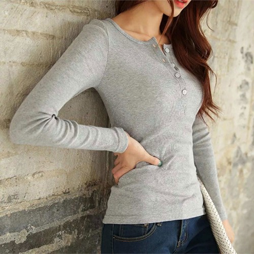 Long Sleeve Cotton Round Neck Casual Women Sweater - Grey image