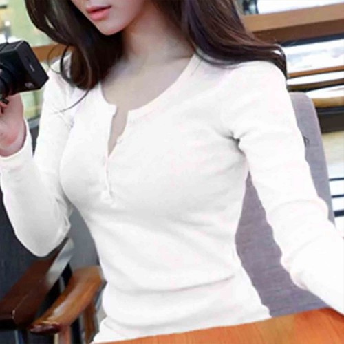 Long Sleeve Cotton Round Neck Casual Women Sweater - White image