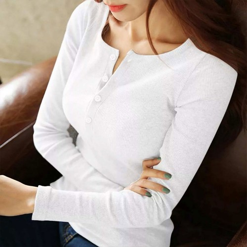 Long Sleeve Cotton Round Neck Casual Women Sweater - White image