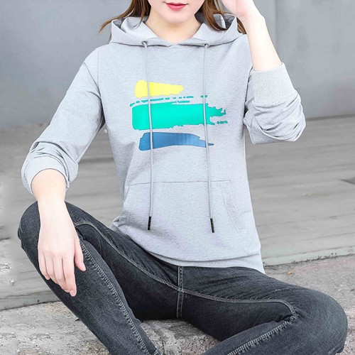 Leisure Style Printed Long Sleeve Cotton Women Hoodie - Grey image