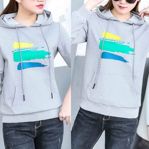 Leisure Style Printed Long Sleeve Cotton Women Hoodie - Grey image