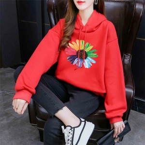 Urban Style Long Sleeve Sunflower Printed Drawstring Women Hoodie - Red