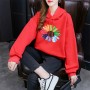 Urban Style Long Sleeve Sunflower Printed Drawstring Women Hoodie - Red