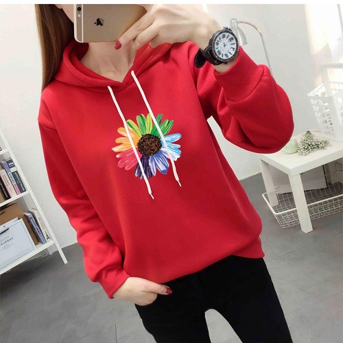 Urban Style Long Sleeve Sunflower Printed Drawstring Women Hoodie - Red image