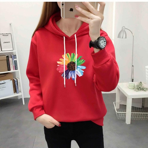 Urban Style Long Sleeve Sunflower Printed Drawstring Women Hoodie - Red image