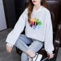 Urban Style Long Sleeve Sunflower Printed Drawstring Women Hoodie - White