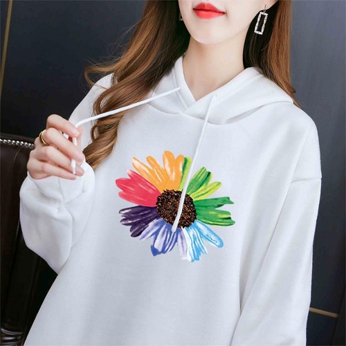 Urban Style Long Sleeve Sunflower Printed Drawstring Women Hoodie - White image