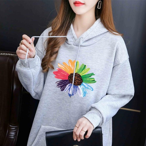 Urban Style Long Sleeve Sunflower Printed Drawstring Women Hoodie - Grey image