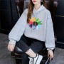 Urban Style Long Sleeve Sunflower Printed Drawstring Women Hoodie - Grey
