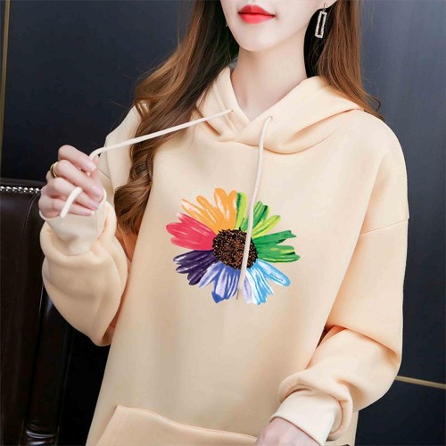 Urban Style Long Sleeve Sunflower Printed Drawstring Women Hoodie - Cream image