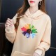 Urban Style Long Sleeve Sunflower Printed Drawstring Women Hoodie - Cream image