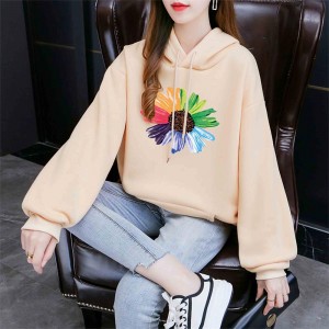 Urban Style Long Sleeve Sunflower Printed Drawstring Women Hoodie - Cream