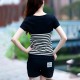 Two Piece Sports Stripes Printed Short Sleeve Women Sportswear - Black image