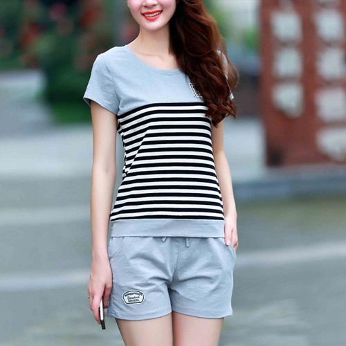 Two Piece Sports Stripes Printed Short Sleeve Women Sportswear - Grey image
