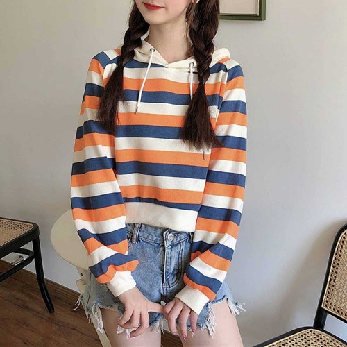 Stripes Printing Drawstring Loose Type Hoodie - Orange image