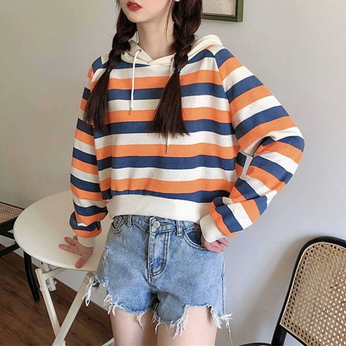 Stripes Printing Drawstring Loose Type Hoodie - Orange image