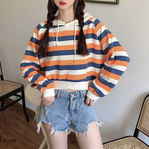Stripes Printing Drawstring Loose Type Hoodie - Orange image
