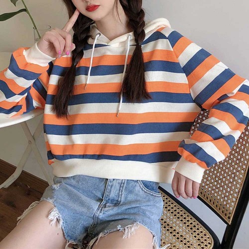 Stripes Printing Drawstring Loose Type Hoodie - Orange image